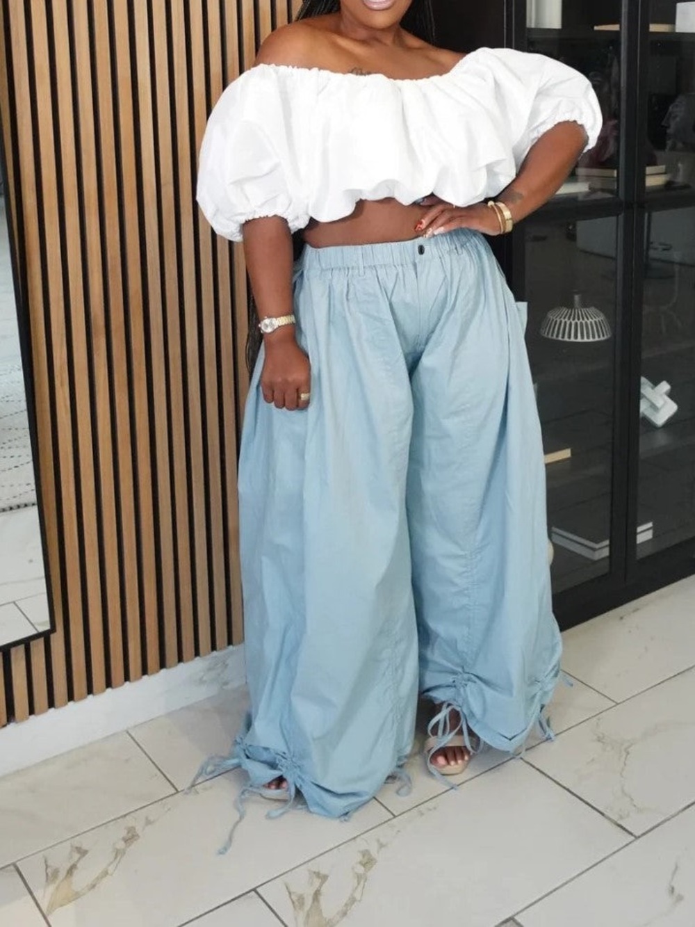 Light Blue Wide Leg Drawstring Pants